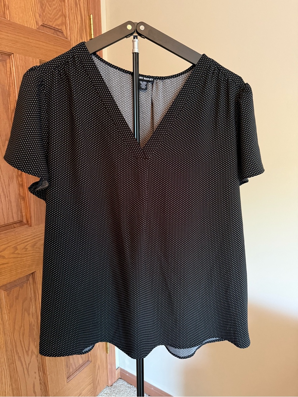 Hilary Radley Black White Microdot V-Neck Blouse